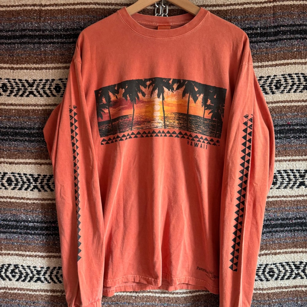 Crazy Shirts Hawaii Long Sleeve Shirt L Orange Pumpkin Dyed Sunset Palm Tree